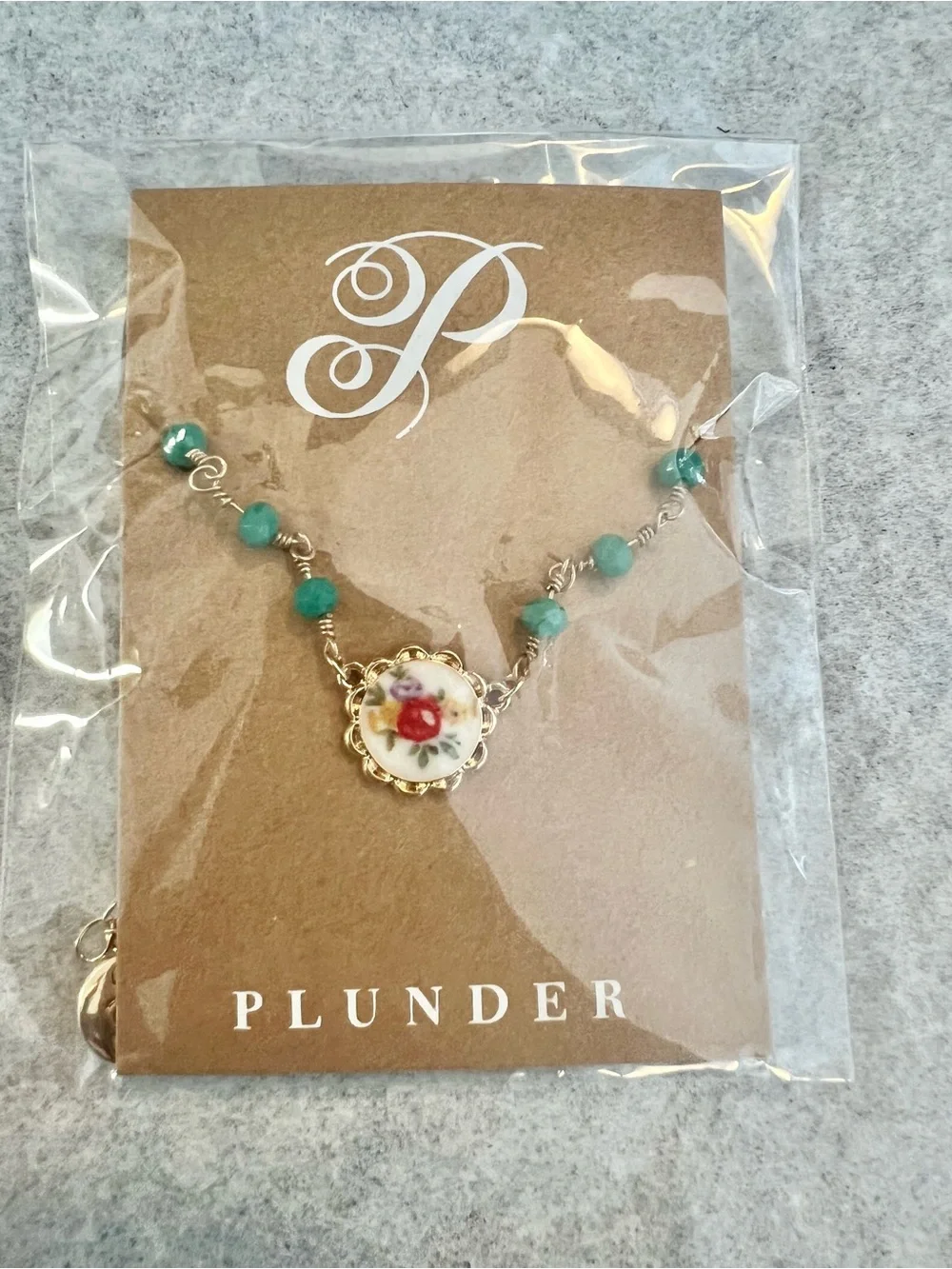 Gold Floral Necklace and Earring Set with Teal Beads and Pink Flower NWT